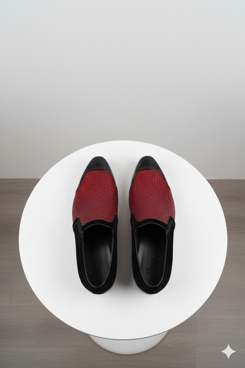 Men’s Red Glitter Tuxedo Loafers - Shiny Slip-On Dress Shoes with Black Patent Toe for Parties and Formal Events - USA Men's Outlet