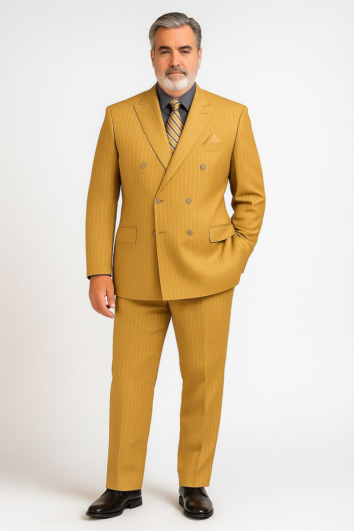 Mens Camel Tan Pinstripe Double-Breasted Suit - Bold 6-Button Modern Vintage Style by USA Men's Outlet