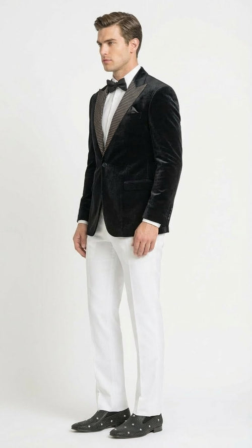 Men’s Black Velvet Tuxedo Blazer with Studded Lapel - Formal Evening Jacket by USA Men's Outlet