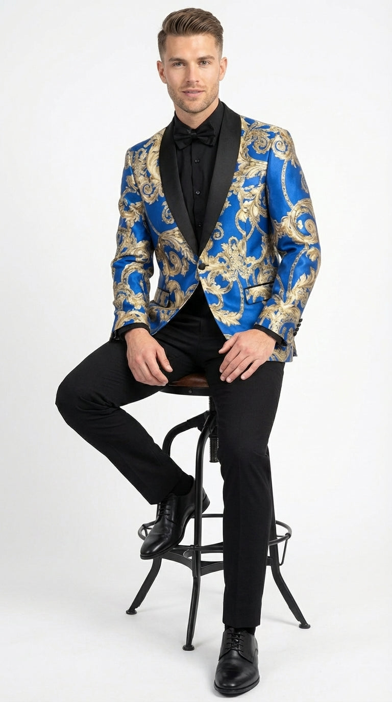 Men’s Royal Blue and Gold Blazer Jacket – Luxury Floral Pattern Tuxedo Blazer, Formal Party Wedding Dinner Jacket, Stylish Evening Wear