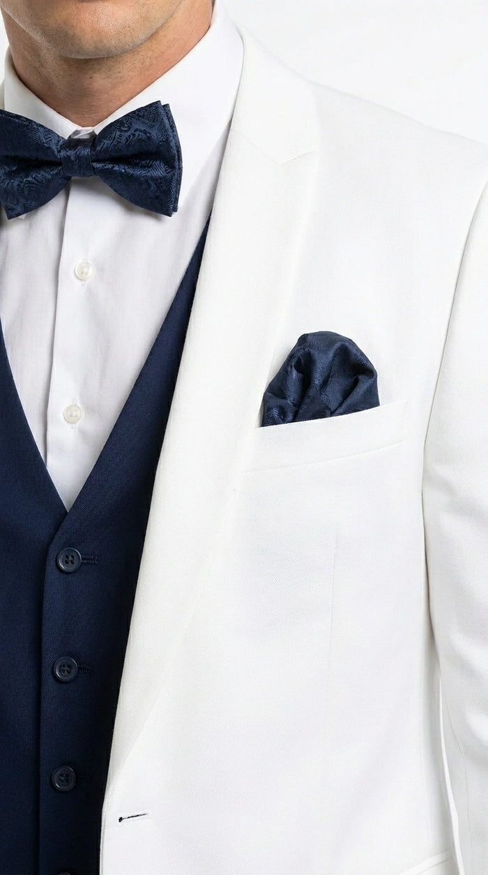 Men’s White and Navy blue tuxedo  3 Piece Suit – Classic White Blazer with Navy Vest and Pants for Wedding, Party + Bowtie