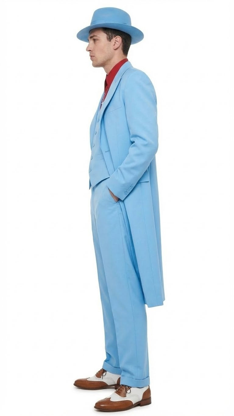 Men’s Light Blue 1920s Zoot Suit - Long Mafia Gangster Three-Piece Vintage Costume Set in Baby Powder Blue Color - Prom Wedding Suit by USA Men's Outlet