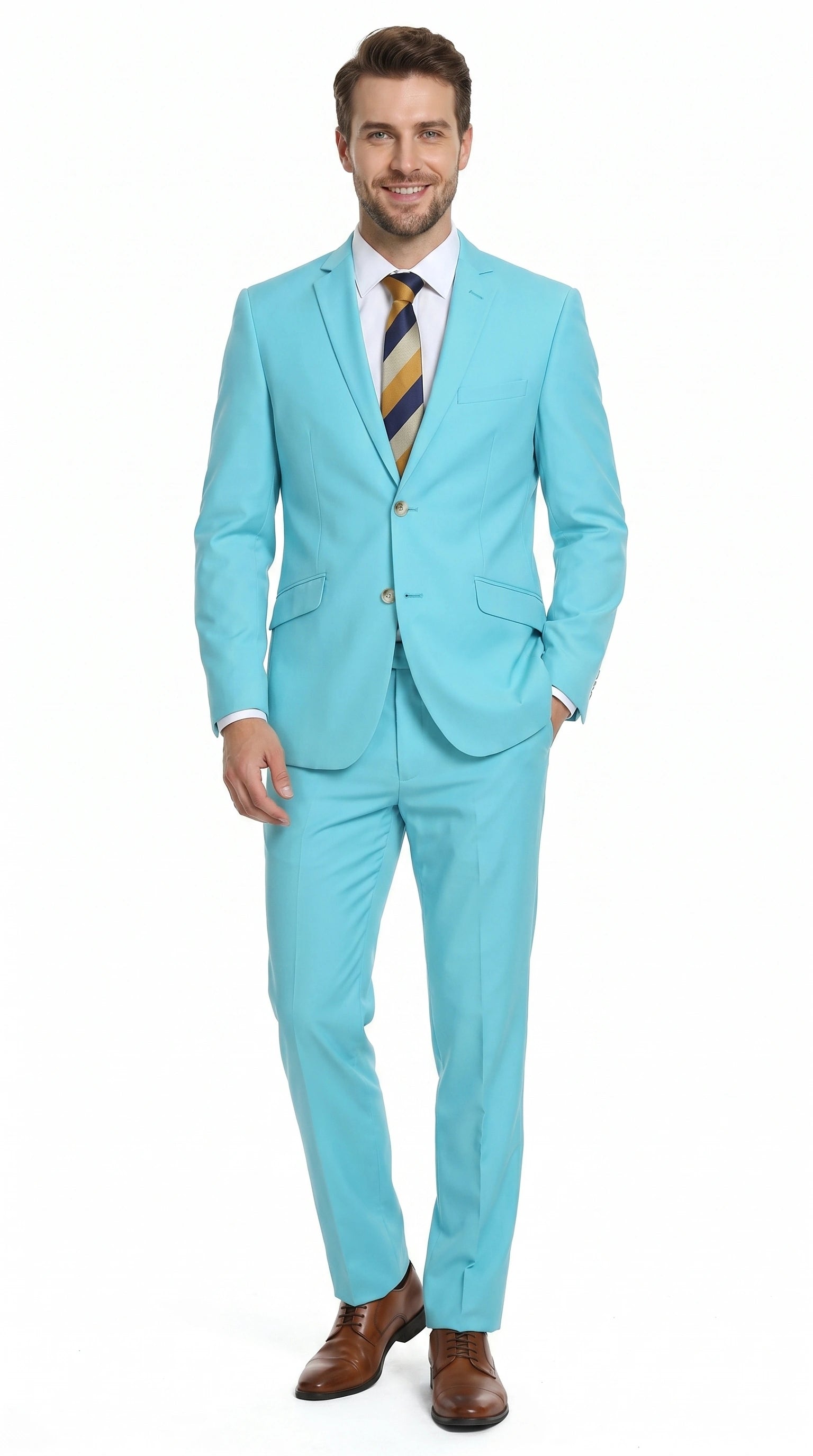Men’s Aqua Blue 2 Piece 2 Button Suit, Formal Dress Suit for Weddings, Prom, Parties, Summer Events, Turquoise Light blue