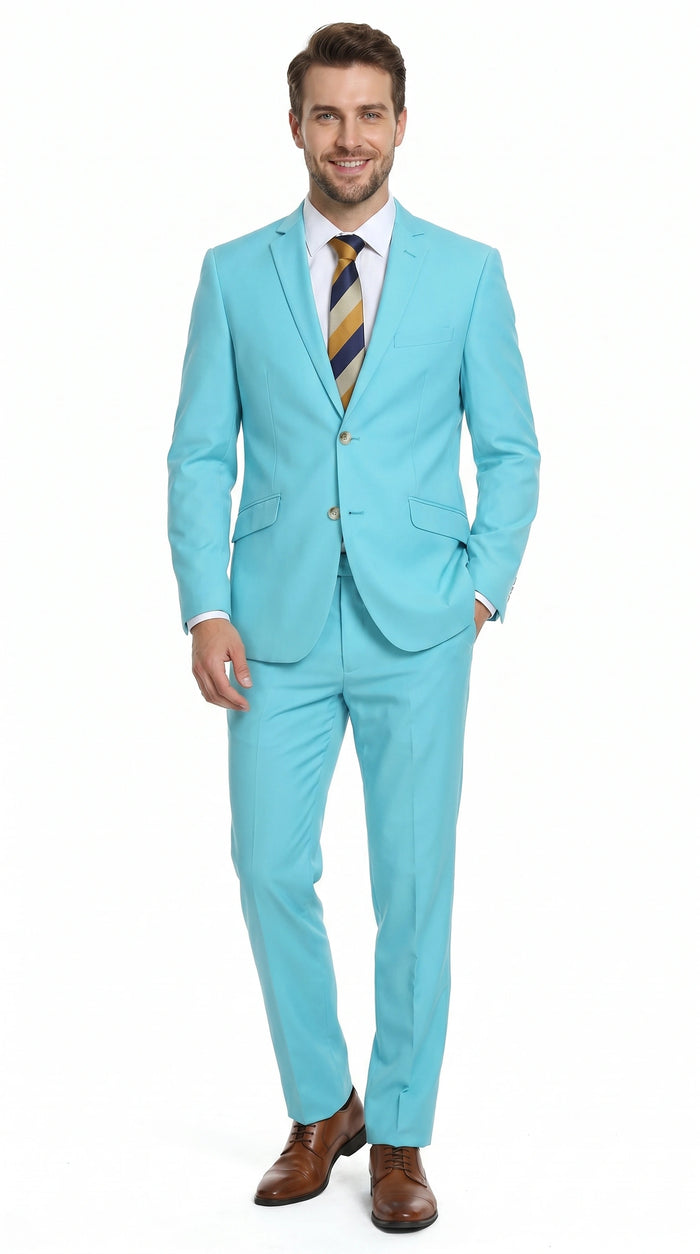 Men’s Aqua Blue 2 Piece 2 Button Suit, Formal Dress Suit for Weddings, Prom, Parties, Summer Events, Turquoise Light blue