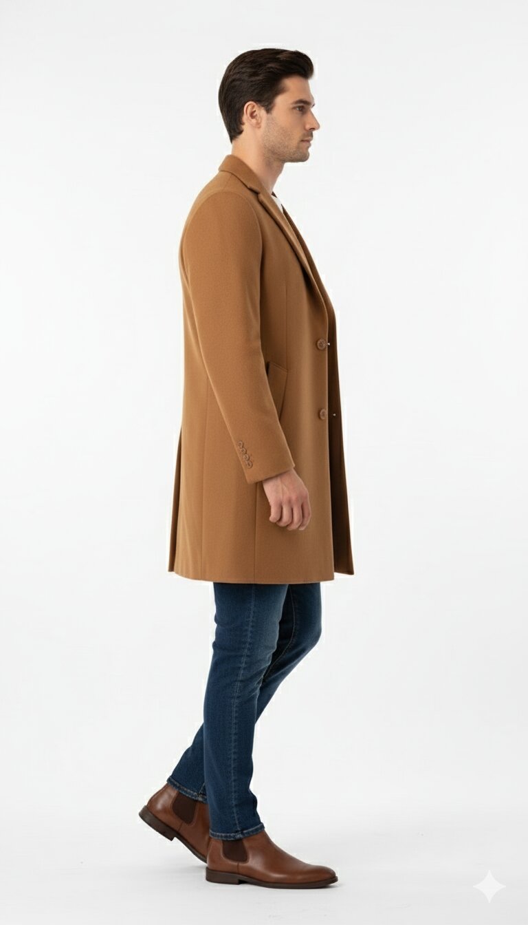 Men’s Camel Brown Wool Top Coat – Classic Long Overcoat for Formal and Casual Wear in rust copper