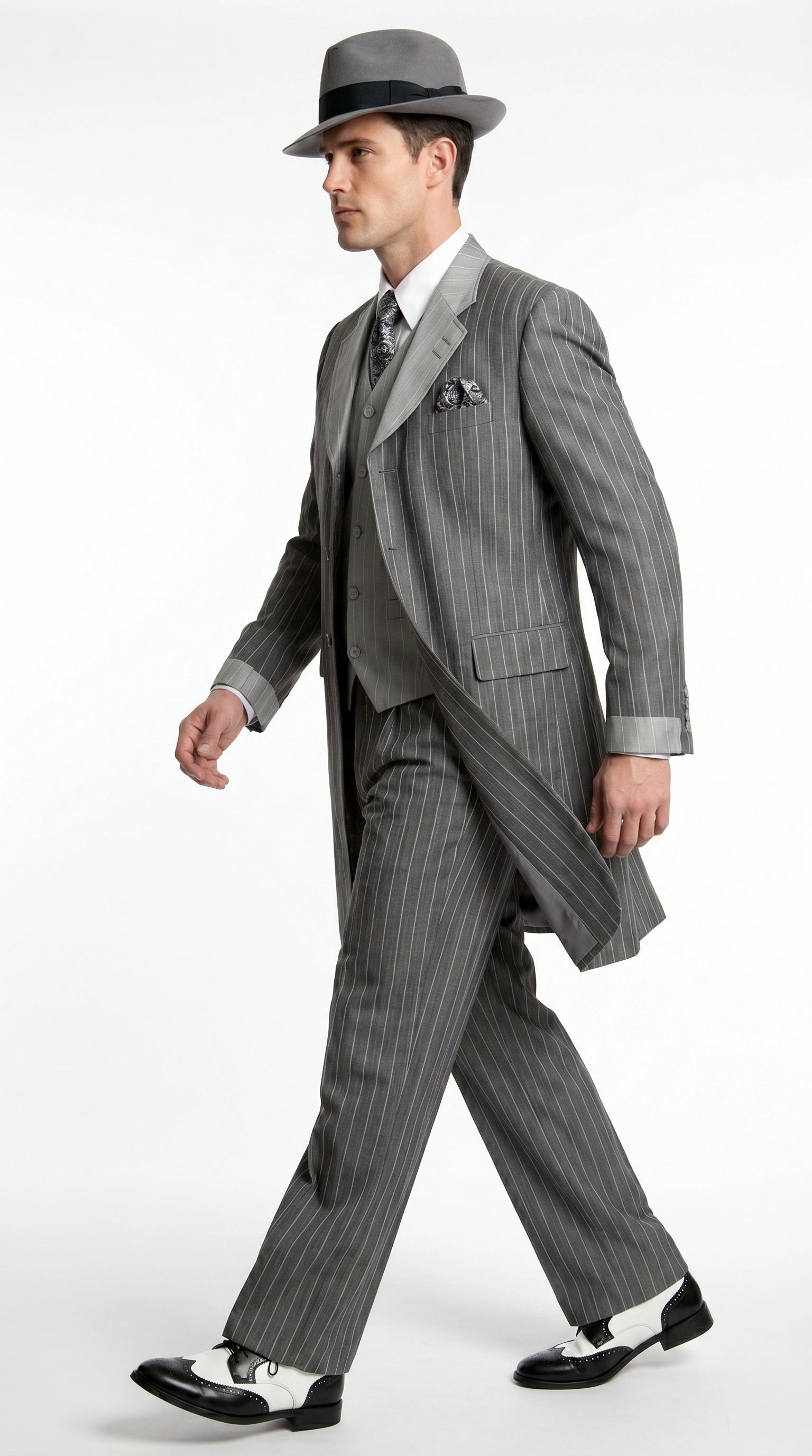 Men’s Grey Pinstripe 1920s Gangster 3 Piece Suit, Contrast Lapel Vintage Formal Suit for Parties, Prom, Weddings, and Theme Events