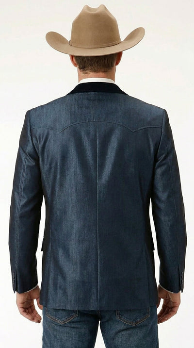 Men’s Sapphire Indigo Western Cowboy Blazer – Classic Western Style Jacket, Country Casual Dress Blazer in Navy Blue with sheen