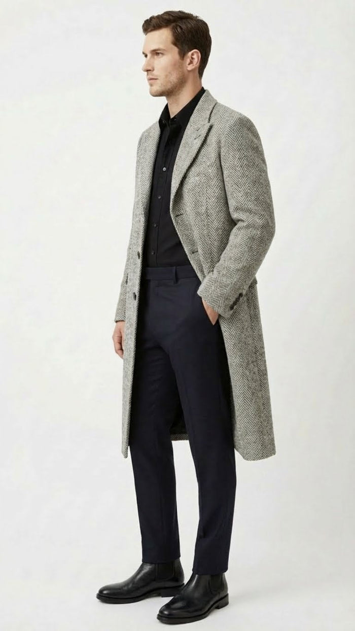 Men’s Grey Herringbone Long Overcoat - Tweed Black and White Pattern Wool Topcoat Three Qaurter USA Men's Outlet