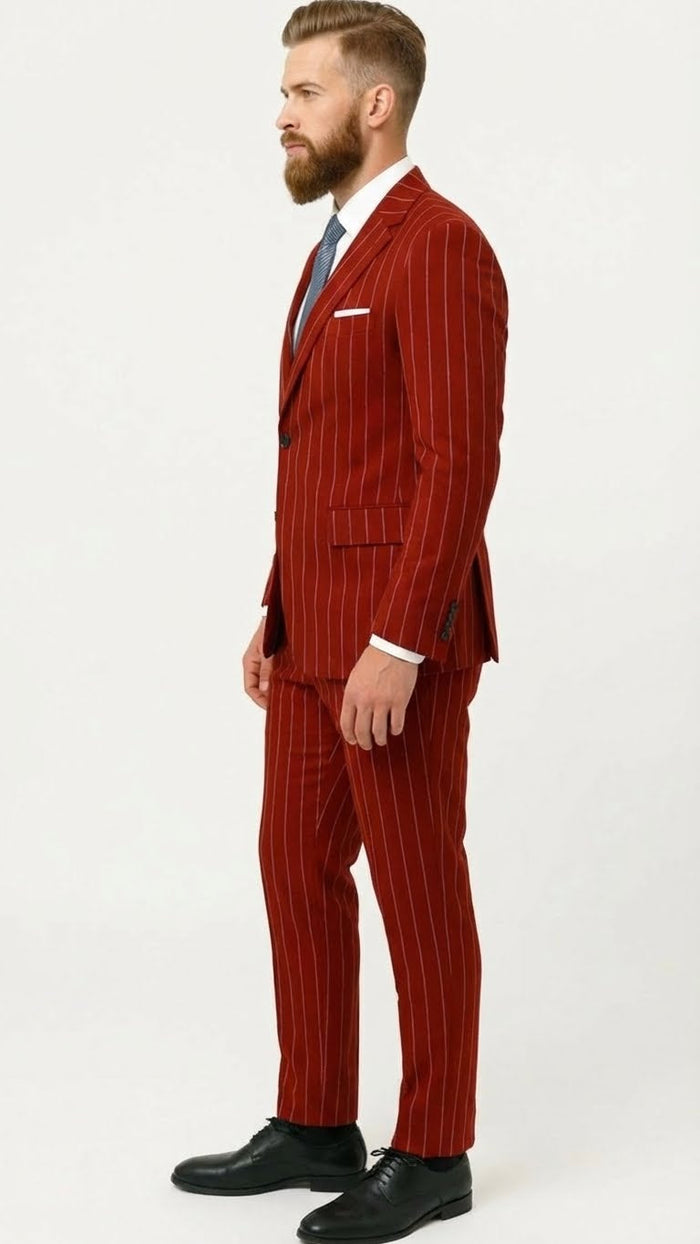 Men’s Red Pinstripe Suit - Stripe Two-Button Vested Suit 2 Buttons by USA Men's Outlet