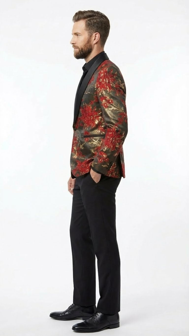 Men’s Red and Gold Floral Pattern Paisley  Shawl Lapel | Luxury Evening and Party Wear Jacket Prom Christmas New Year Blazer