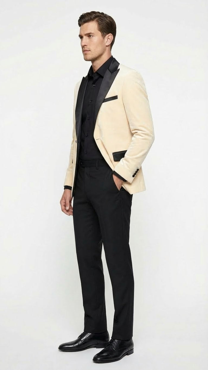 Men’s Ivory Dinner Jacket - Cream Velvet Blazer with Black Satin Lapel - Wedding and Party Formal Sport Coat in off white USA Men's Outlet
