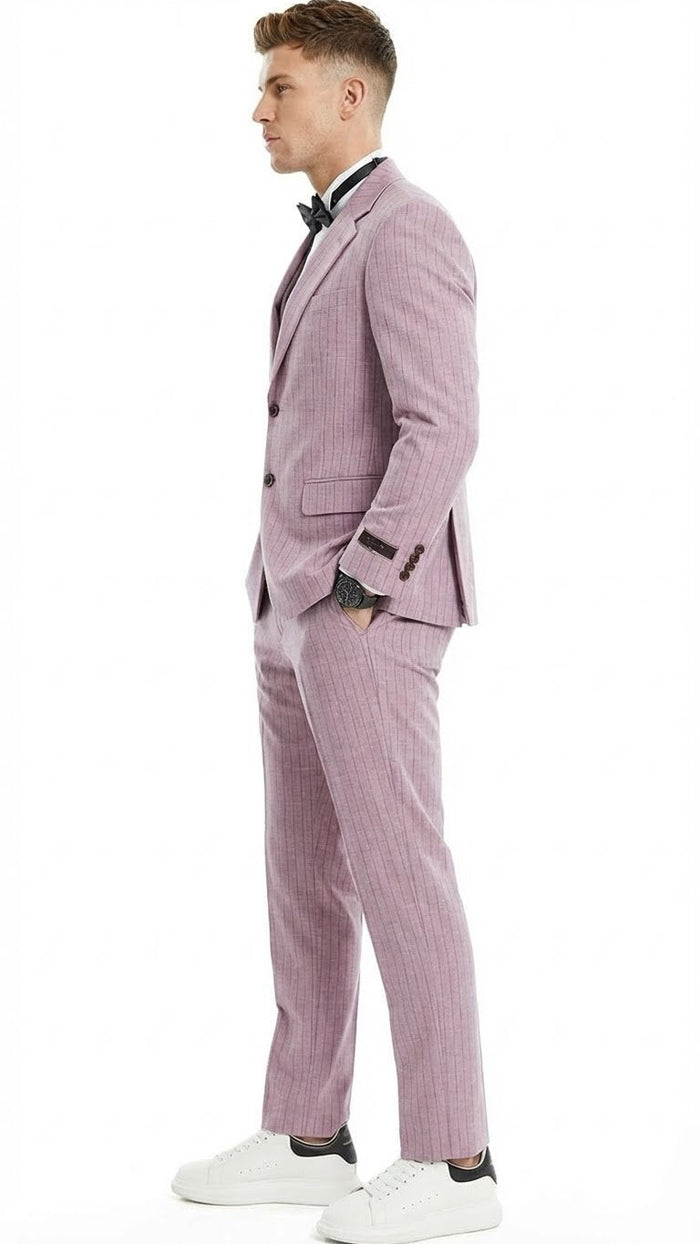 Men’s Dusty Rose Pink Pinstripe Three Piece Suit with Vest - Wedding and Party Formal Wear Prom or Church Suit by USA Men's Outlet