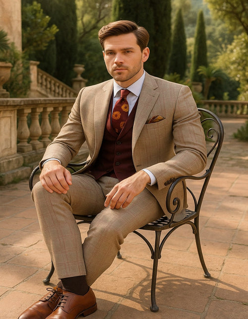 Men's Light Brown Plaid Suit with Burgundy Vest and Colorful Floral Tie - 3 Piece Set - Taupe Windowpane Pattern by USA Men's Outlet