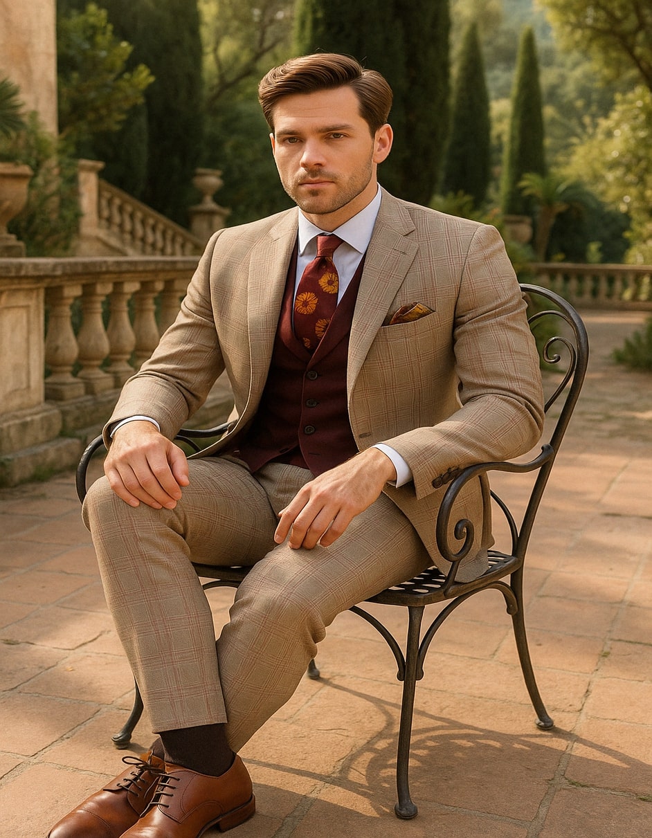 Men's Light Brown Plaid Suit with Burgundy Vest and Colorful Floral Tie – 3 Piece Set - Taupe Windowpane Pattern