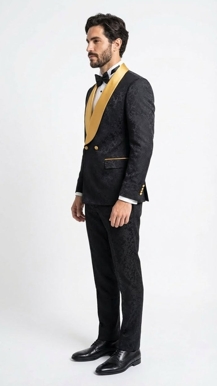 Men’s Black and Gold Jacquard Tuxedo Suit - Luxury Slim Fit Formal Wedding, Prom, and Gala Outfit by USA Men's Outlet