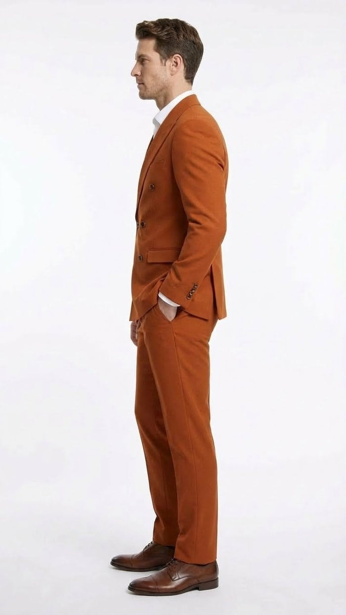 Vitali Brand Men’s Burnt Orange Double Breasted Suit - in Rust Brick Copper Color USA Men's Outlet