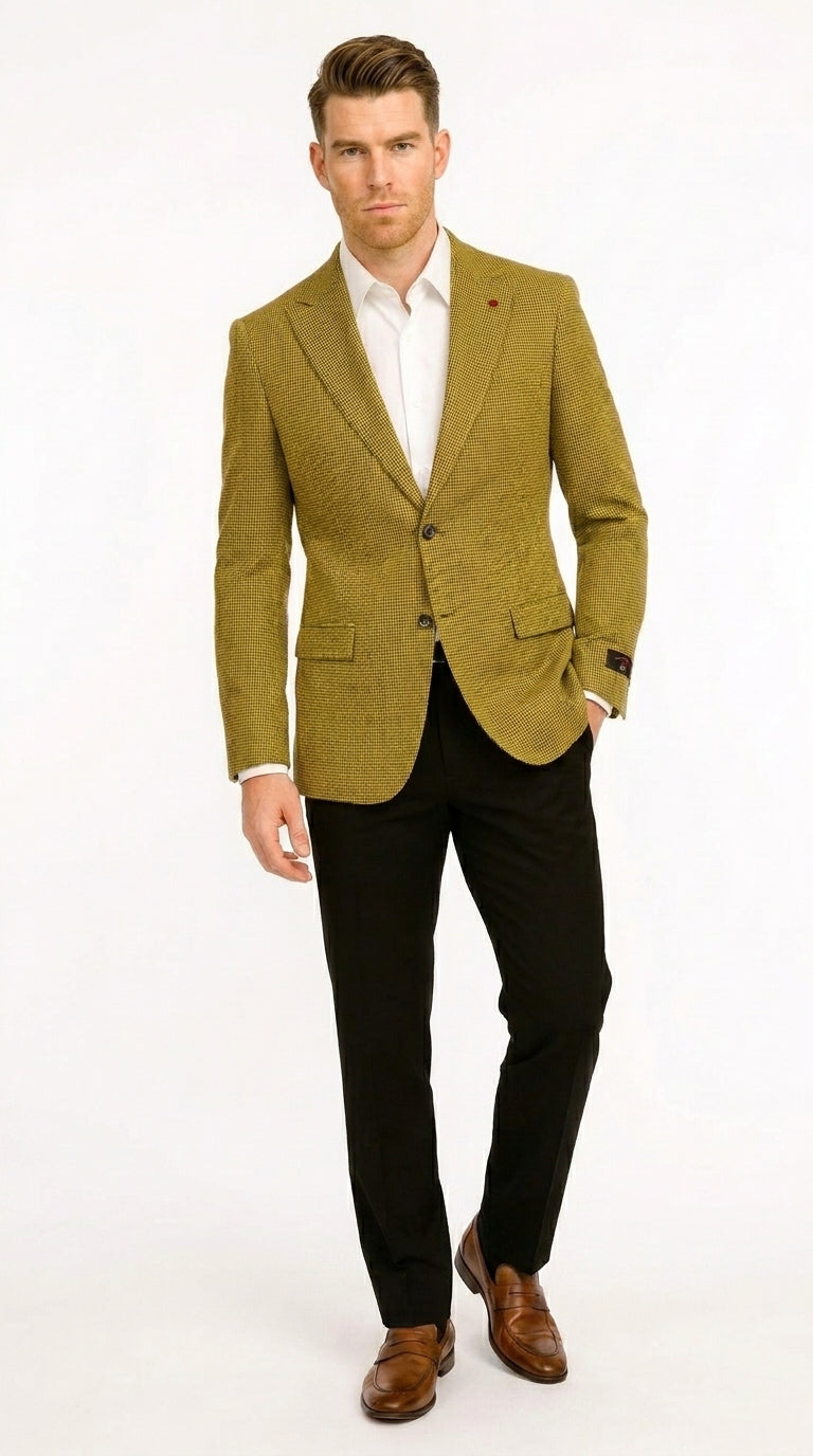 Men’s Mustard Gold Yellow Houndstooth Blazer Jacket, Check Pattern Formal Sport Coat for Weddings, Prom, Business 2 Buttons Modern Fit – SuitUSA
