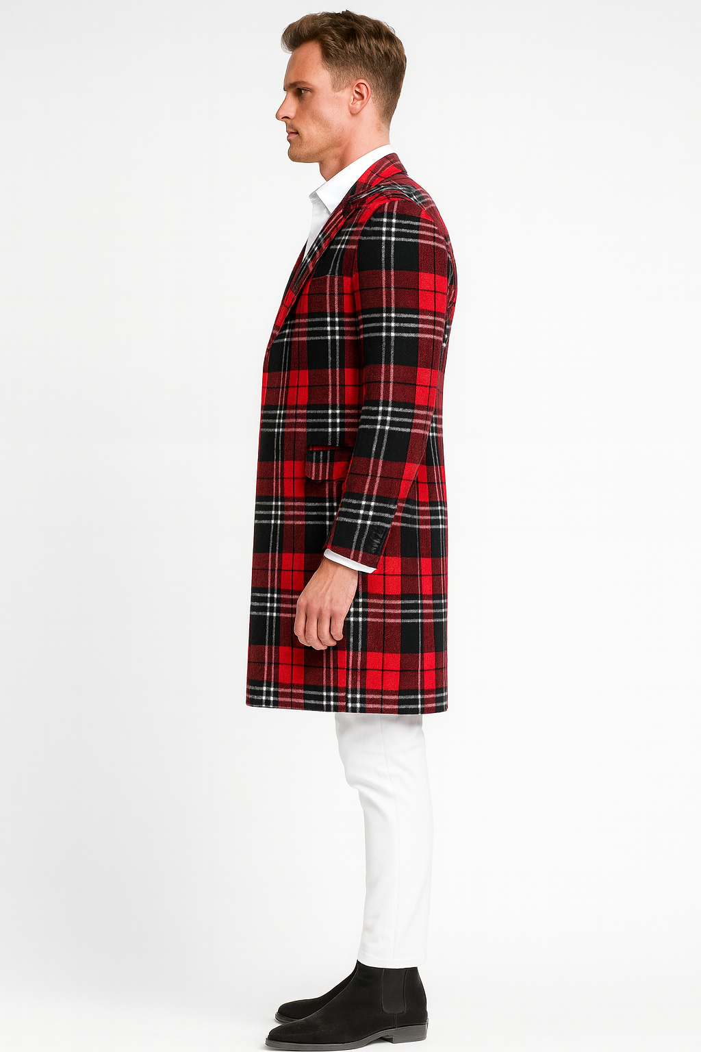 Men’s Red Plaid Wool Overcoat - Classic Tartan Check Long Coat for Stylish Winter Wear by USA Men's Outlet