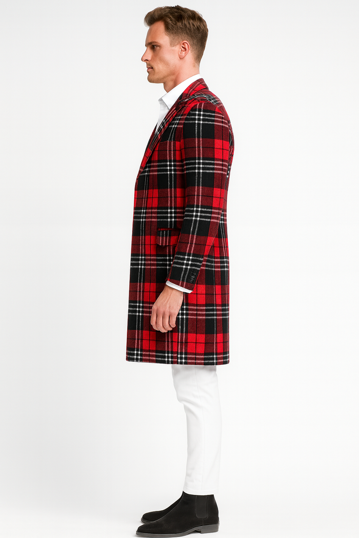 Men’s Red Plaid Wool Overcoat - Classic Tartan Check Long Coat for Stylish Winter Wear by USA Men's Outlet