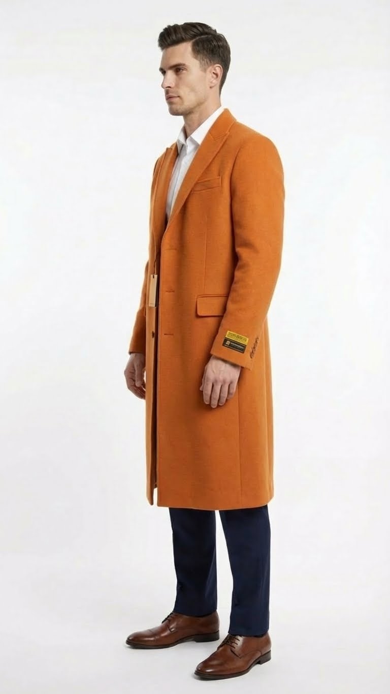 Men’s Orange - Rust Wool Blend Long Overcoat - Topcoat Carcoat Topcoat by USA Men's Outlet