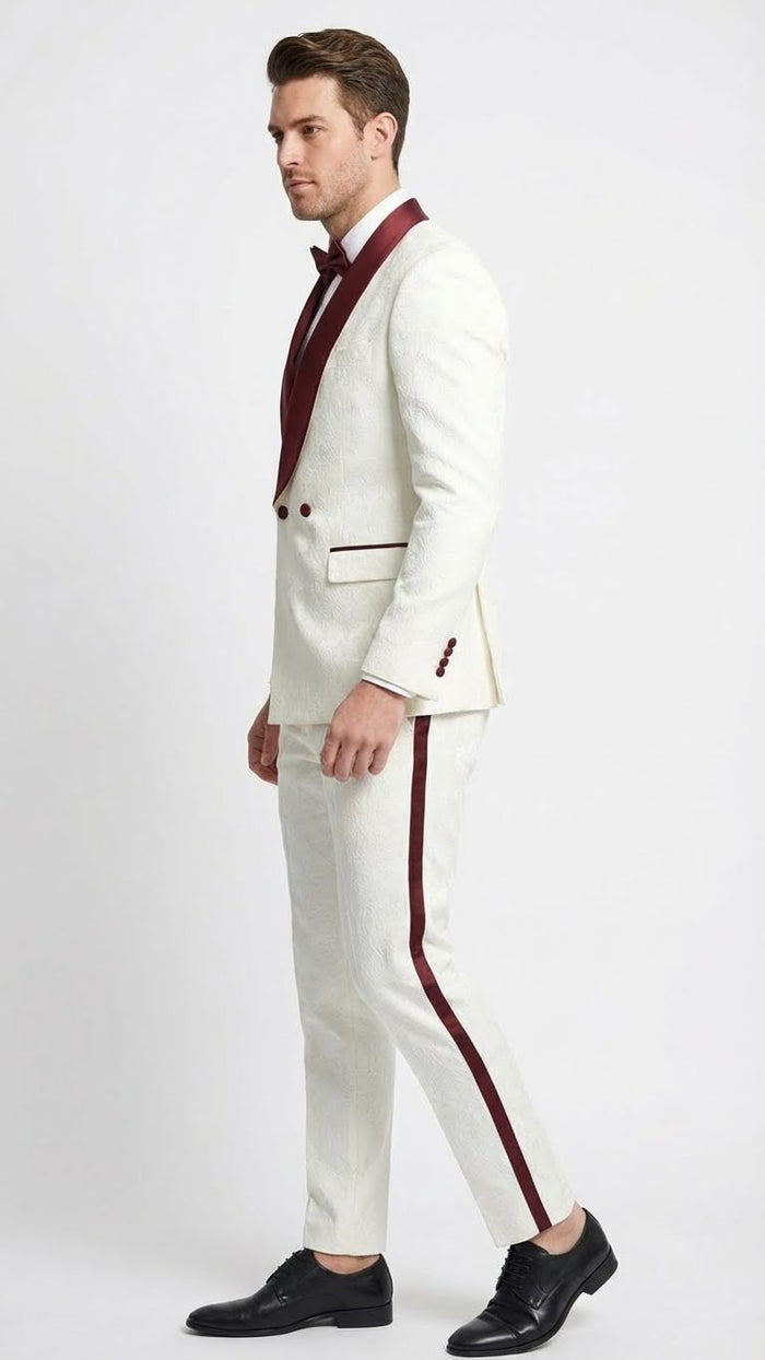 Men’s Ivory and Burgundy Jacquard Tuxedo Suit - Luxury Slim Fit 3-Piece Formal Wedding, Prom, and Gala Outfit in Cream Off White Color USA Men's Outlet