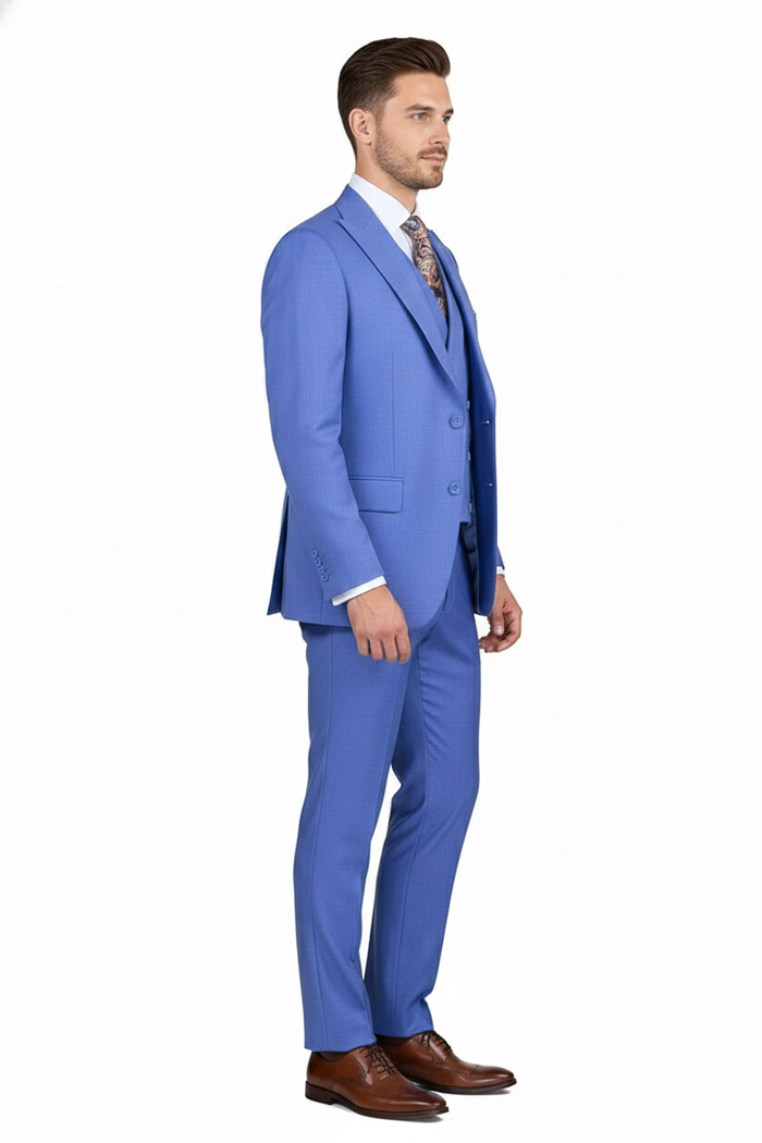 Men’s Light Blue Double-Breasted 3-Piece Suit Set - Tailored Fit Formal Business Suit in Steel Blue Sky Blue Color by USA Men's Outlet