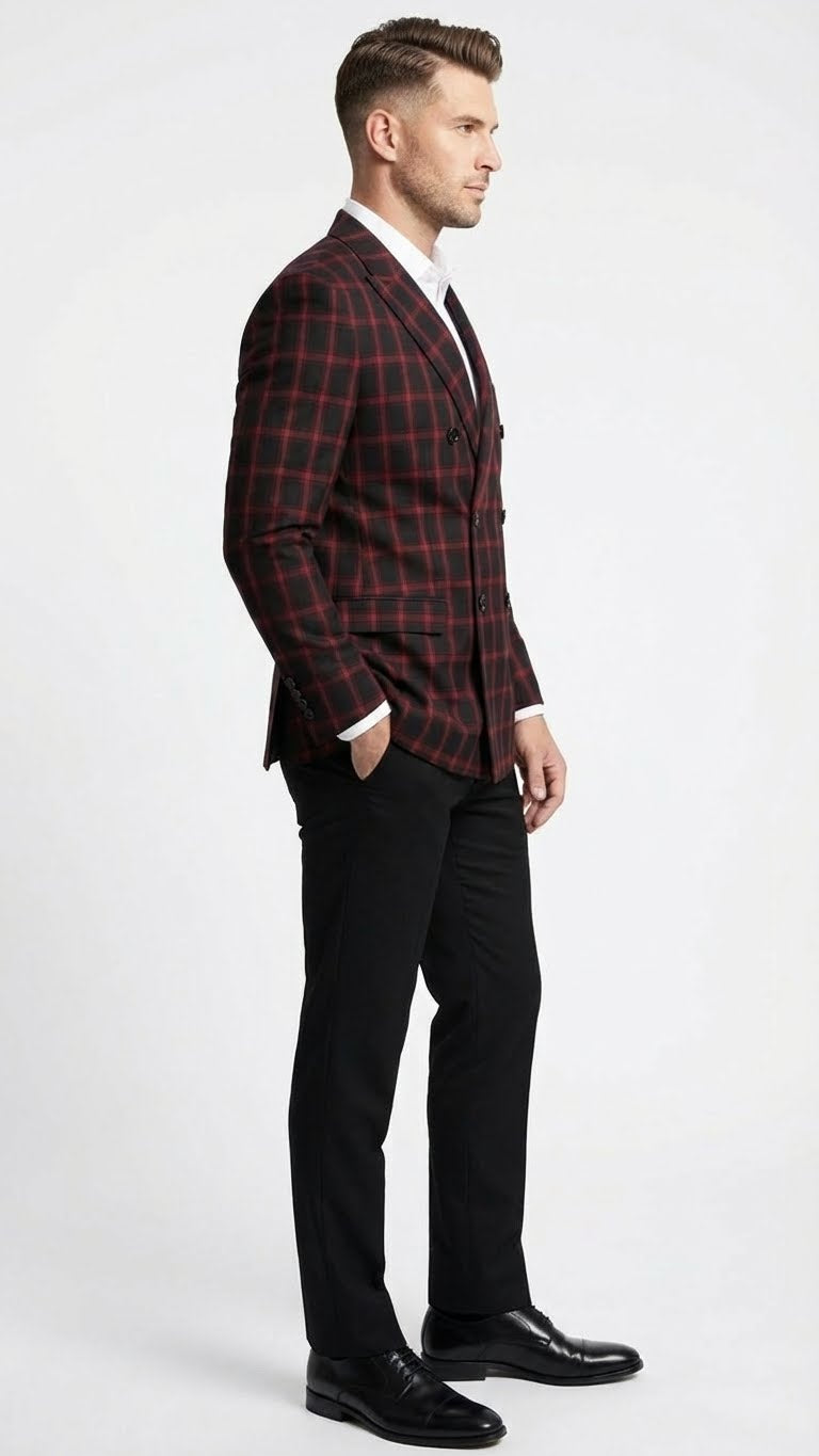 Men’s Black and Red Check Double Breasted Blazer - Sport Coat Jacket Windowpane Sportcoat Slim Fit by USA Men's Outlet