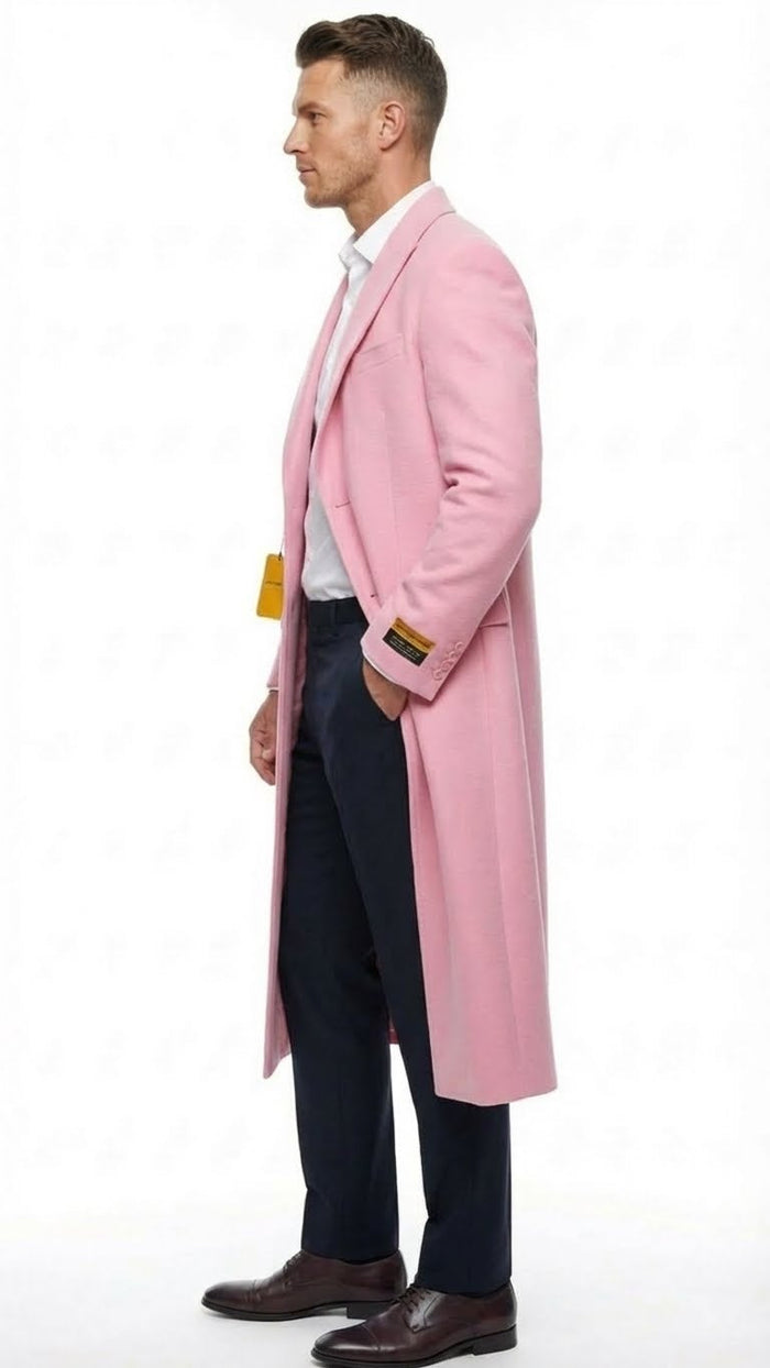 Men’s Pink Wool Blend Long Overcoat - Slim Fit Tailored Winter Coat - Carcoat - Topcoat by USA Men's Outlet