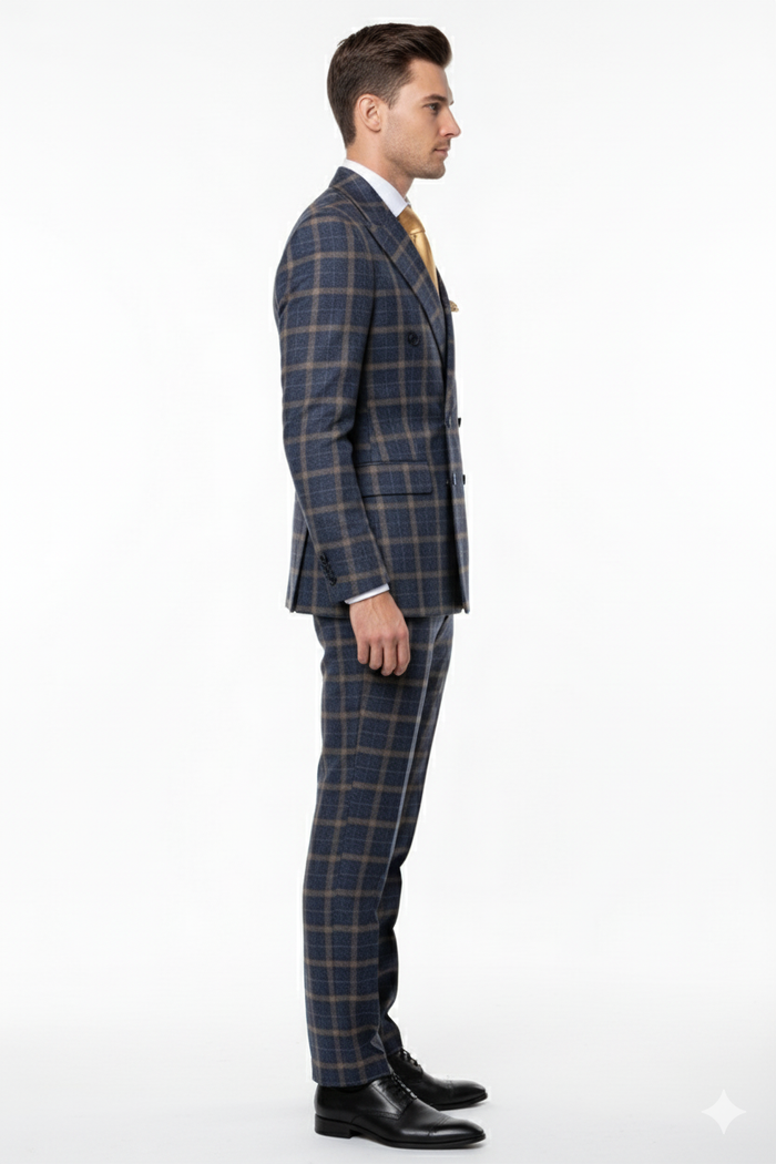 Men’s Navy and Tan Windowpane Double-Breasted Suit - Classic 2-Piece Plaid Dress Suit, Business, and Formal Events By Rossiman USA Men's Outlet