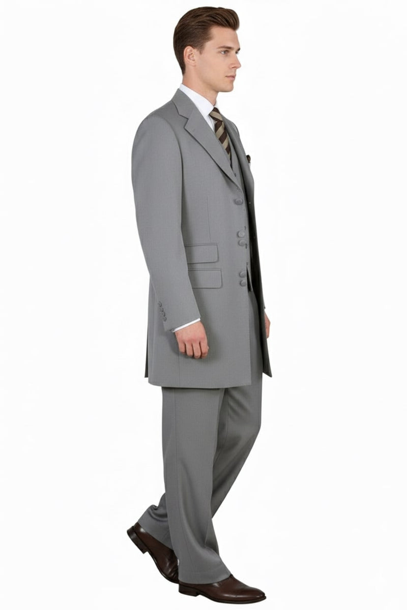Mens Zoot Suit - Light Gray 3-Piece Suit with Vest – Classic Business and Wedding Formal Wear - 1920s Fashion