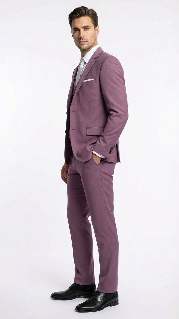 Men’s Mauve Three-Piece Suit - Slim Fit Formal Blazer, Vest, and Trousers for Weddings Rose Gold Pinkish Color USA Men's Outlet