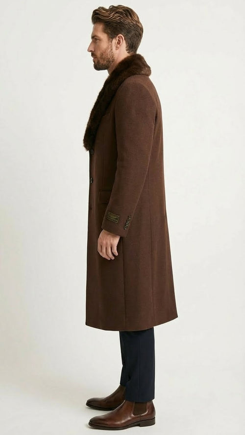 Men’s Brown Long Overcoat with Faux Fur Collar - Classic Winter Formal Coat Three Quarter Carcoat Wool and Cashmere Fabric USA Men's Outlet