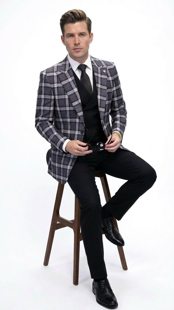 Men’s Big and Tall Charcoal Gray and Black Plaid Blazer - Grey Checker Windowpane Sport Coat by USA Men's Outlet