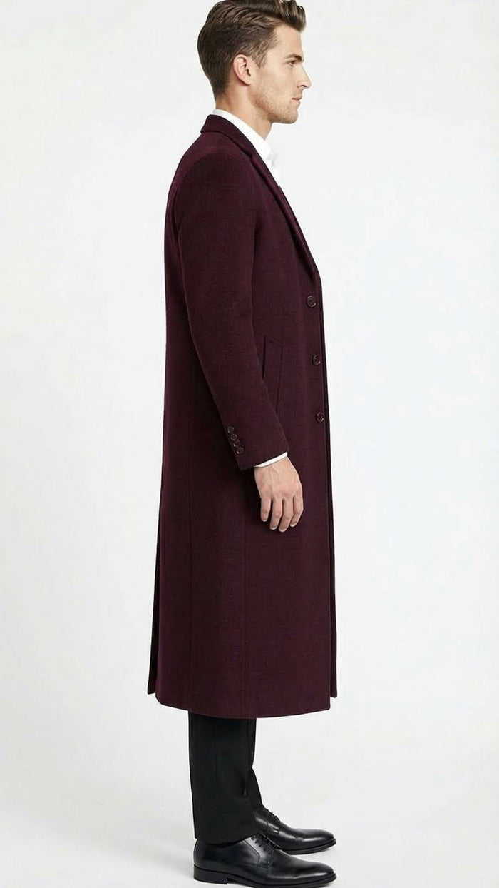 Men’s Burgundy Long Coat - Classic Fit Wool Blend Overcoat - Topcoat Full length USA Men's Outlet
