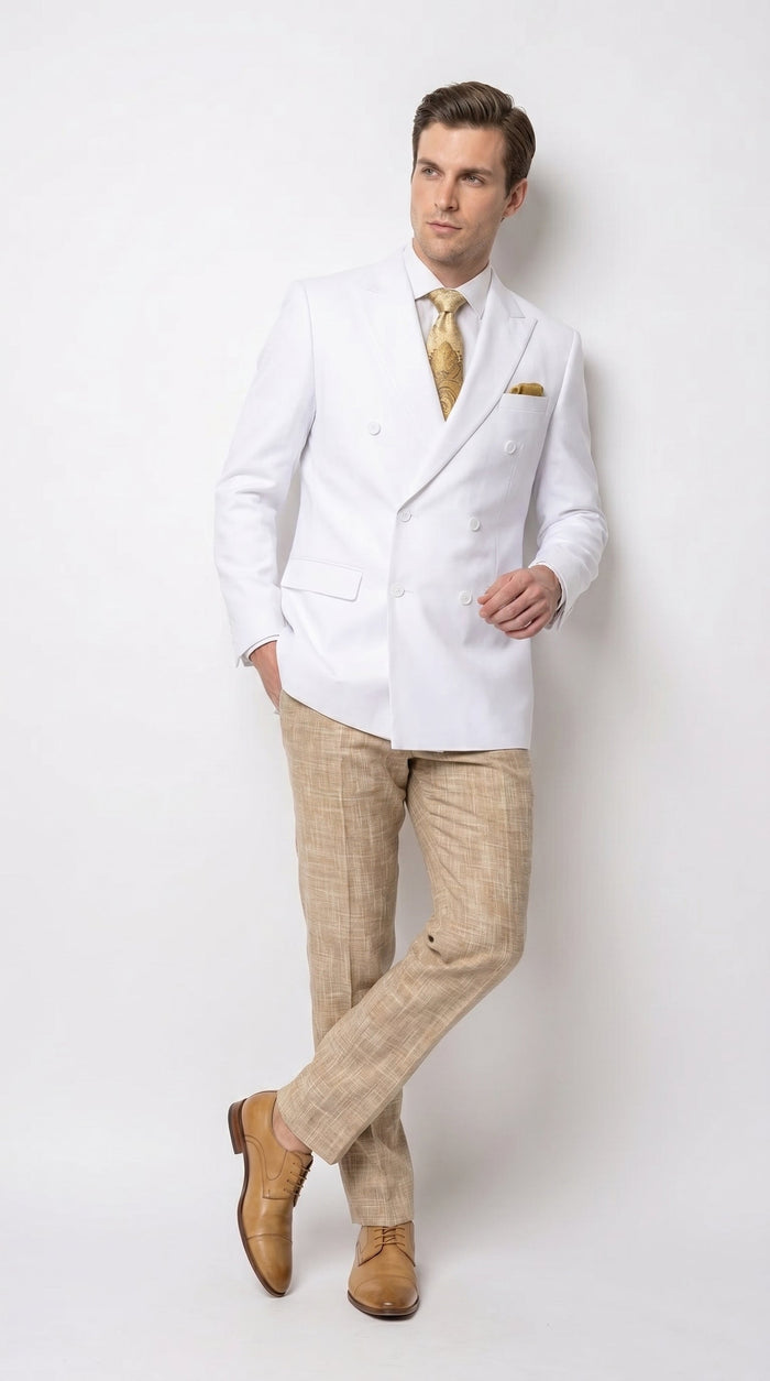 Men’s White Double Breasted Blazer, Formal Dress Jacket for Weddings, Prom, Parties, Dinner Events, and Special Occasions