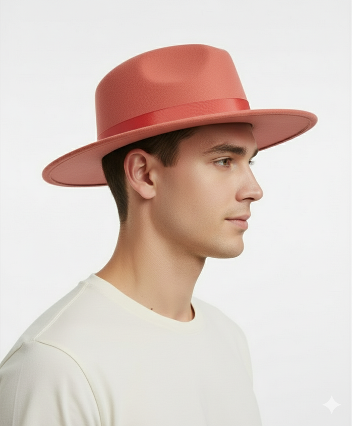 Men’s Coral Pink Wide Brim Fedora Hat - Wool Felt Dress Hat with Red Ribbon Band by USA Men's Outlet