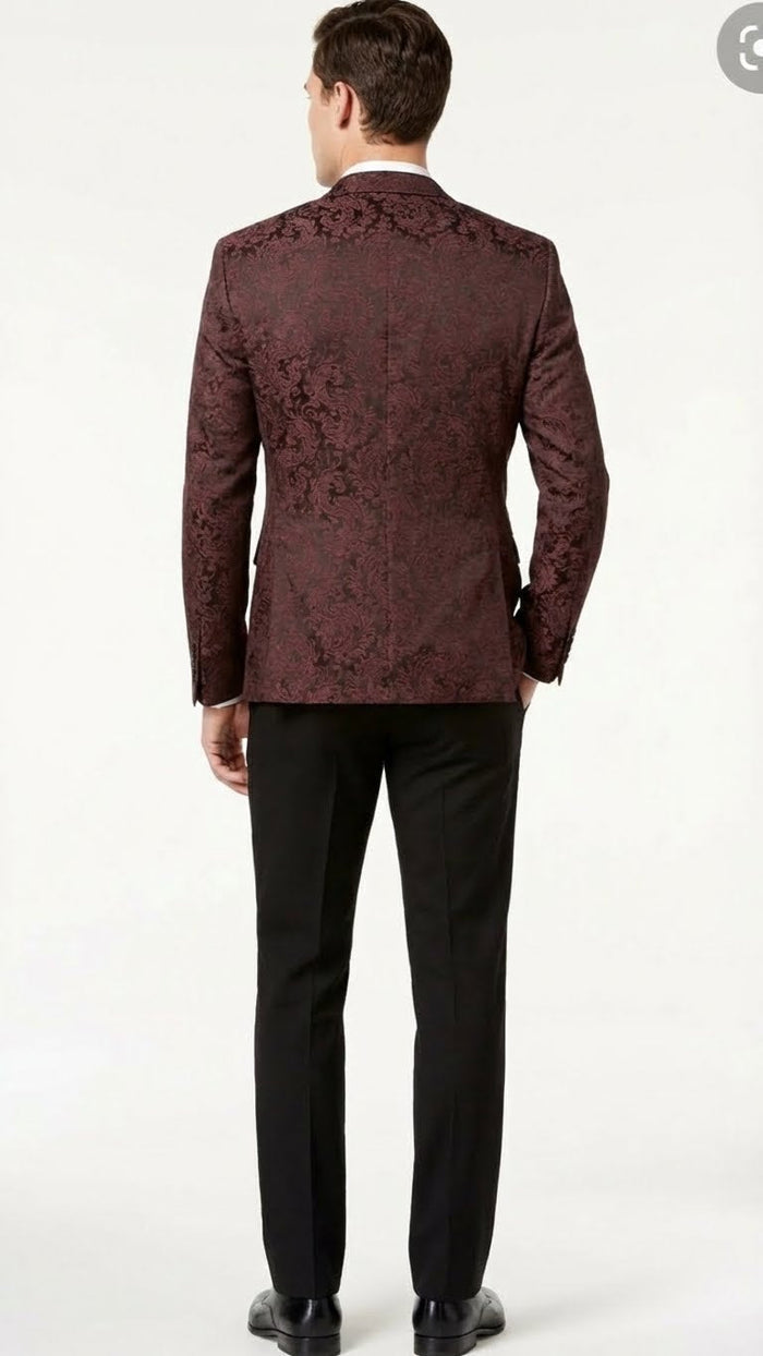 Men’s Burgundy Paisley Blazer Sport Coat - Velvet Dinner Jacket floral in Maroon Wine Color Ultra Slim Fit Smoking Jacket by USA Men's Outlet