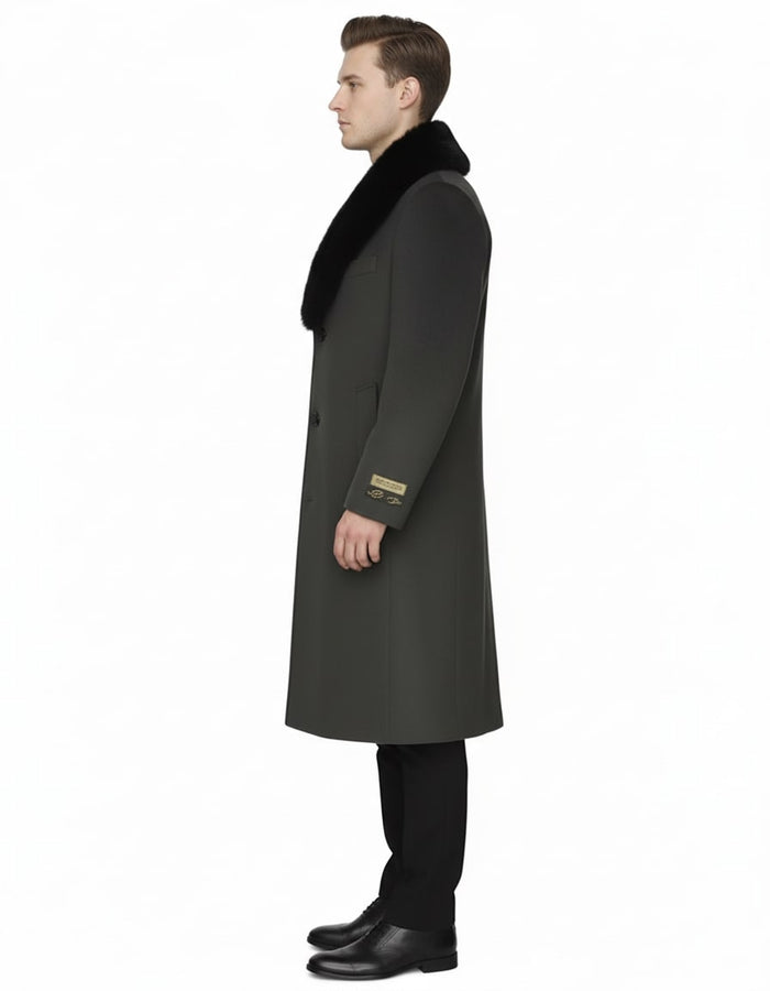 Mens Full Length Olive Overcoat with Black Fur Collar - Luxury Wool Fabric Winter Long Coat in Hunter Green by USA Men's Outlet