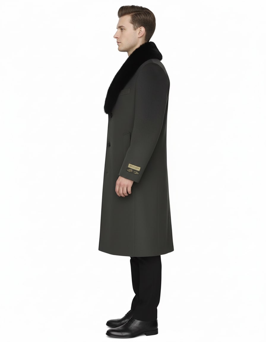 Mens Full Length Olive Overcoat with Black Fur Collar - Luxury Wool Fabric Winter Long Coat in Hunter Green by USA Men's Outlet