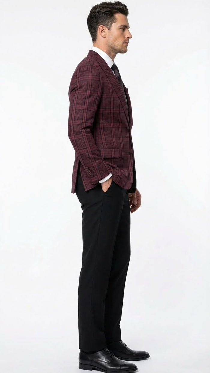 Men’s Burgundy Check Blazer - Windowpane Plaid blazer in Maroon Wine Color USA Men's Outlet