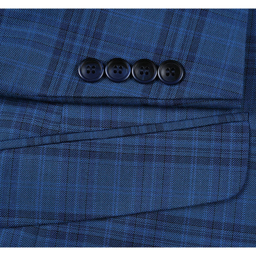 Mens Two Button Slim Fit Sport Coat Blazer in Medium Indigo Blue Windowpane Plaid by Renoirin