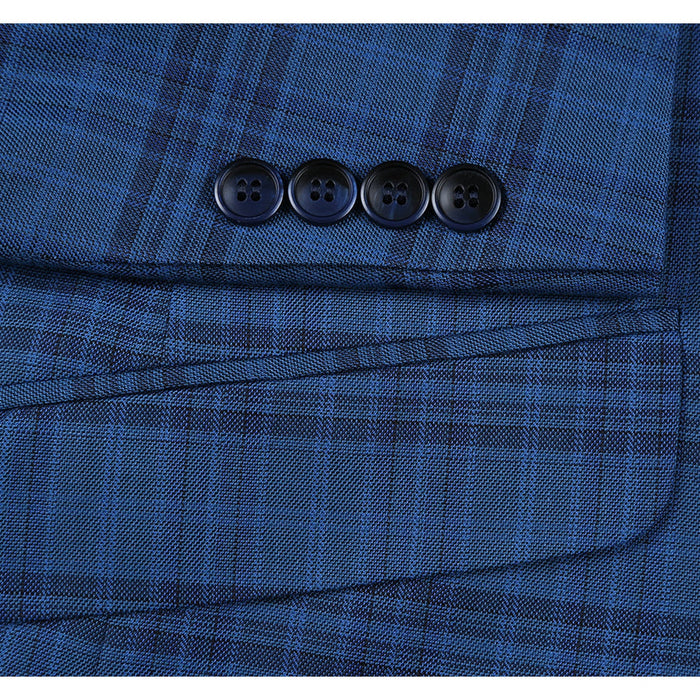 Mens Two Button Slim Fit Sport Coat Blazer in Medium Indigo Blue Windowpane Plaid by Renoirin