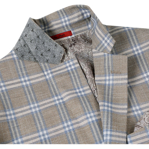 Mens Two Button Classic Fit Sport Coat Blazer in Grey Tan Windowpane Plaid by Renoirin