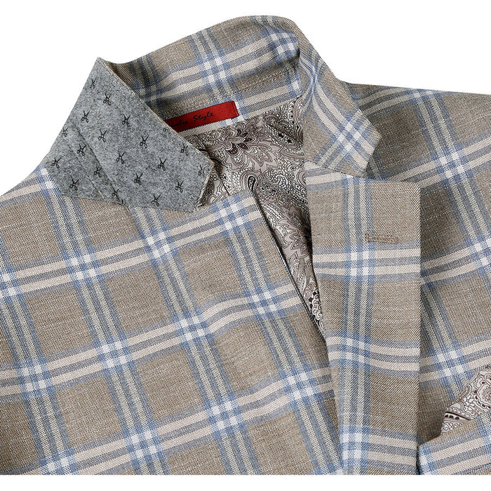 Mens Two Button Classic Fit Sport Coat Blazer in Grey Tan Windowpane Plaid by Renoirin