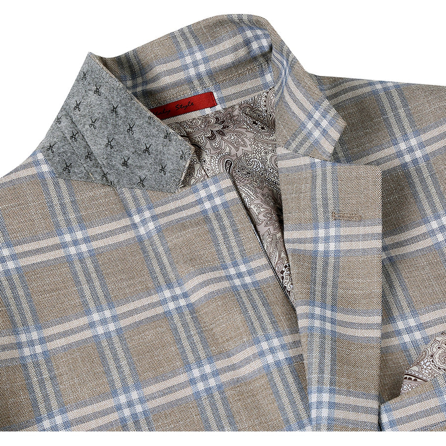 Mens Two Button Classic Fit Sport Coat Blazer in Grey Tan Windowpane Plaid by Renoirin