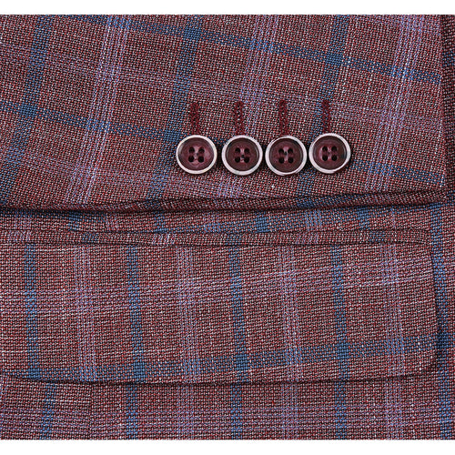 Mens Two Button Classic Fit Sport Coat Blazer in Burgundy Red Windowpane Plaid by Renoirin