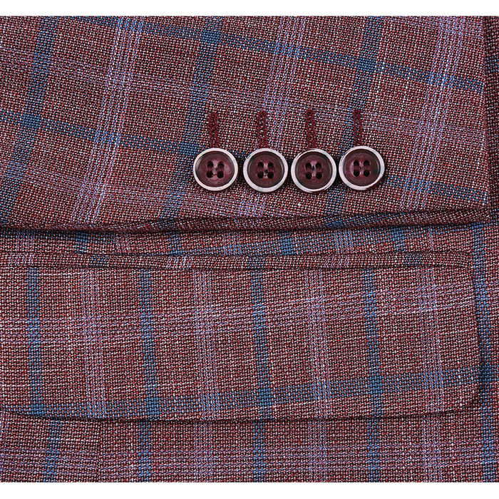 Mens Two Button Classic Fit Sport Coat Blazer in Burgundy Red Windowpane Plaid by Renoirin