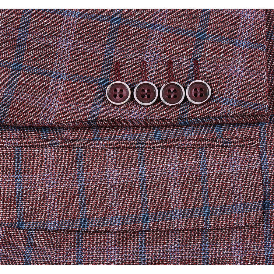 Mens Two Button Classic Fit Sport Coat Blazer in Burgundy Red Windowpane Plaid by Renoirin