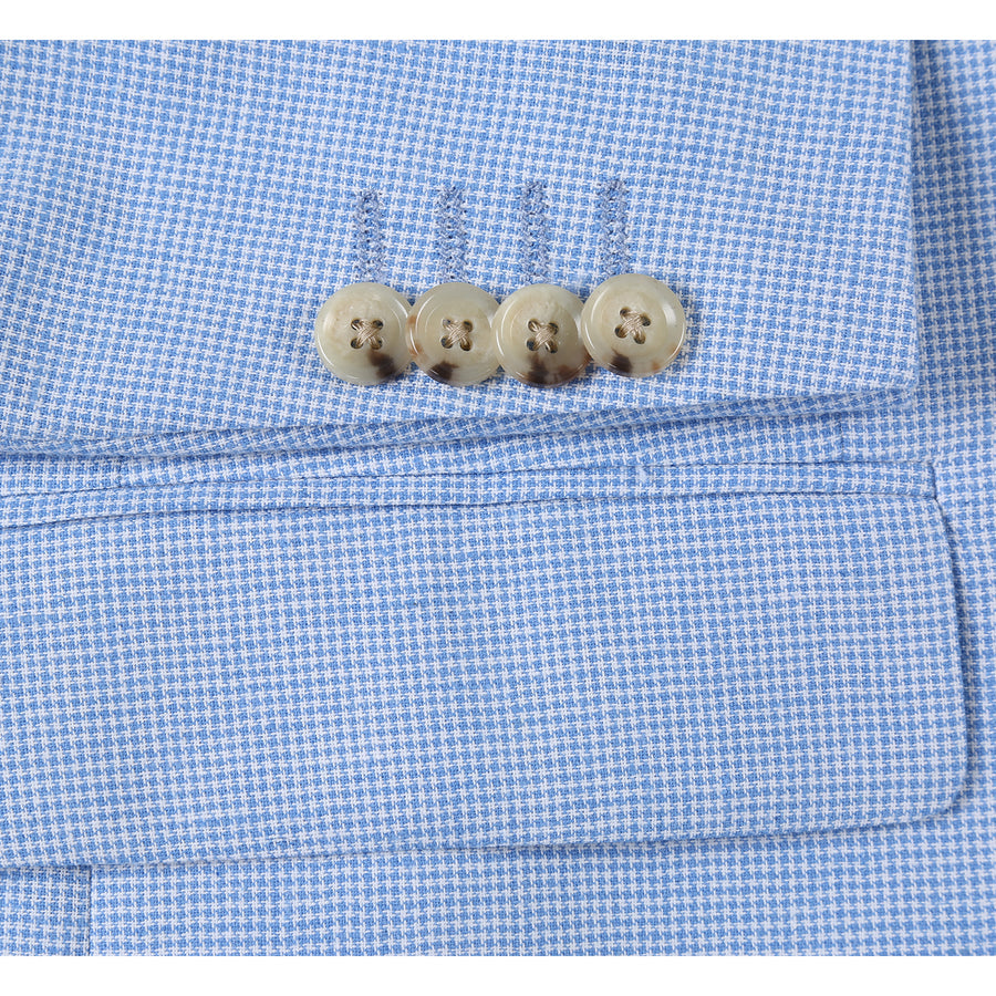 Mens Classic Two Button Linen & Cotton Summer Sport Coat Blazer in Sky Blue Houndstooth