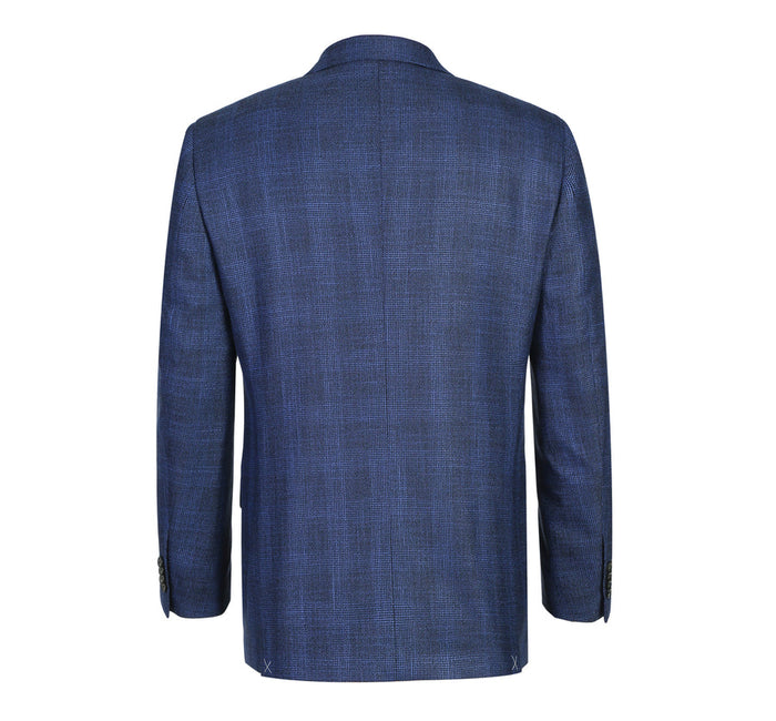 Mens Two Button Classic Fit Sport Coat Blazer in Navy Blue Windowpane Plaid by Renoirin